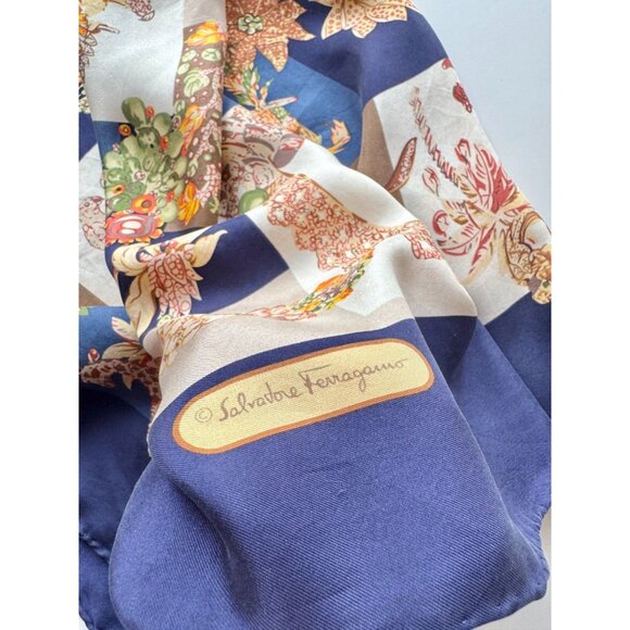 Vintage SALVATORE FERRAGAMO Navy Patchwork Silk Twill 34" x 33" Square Scarf - Picture 8 of 15